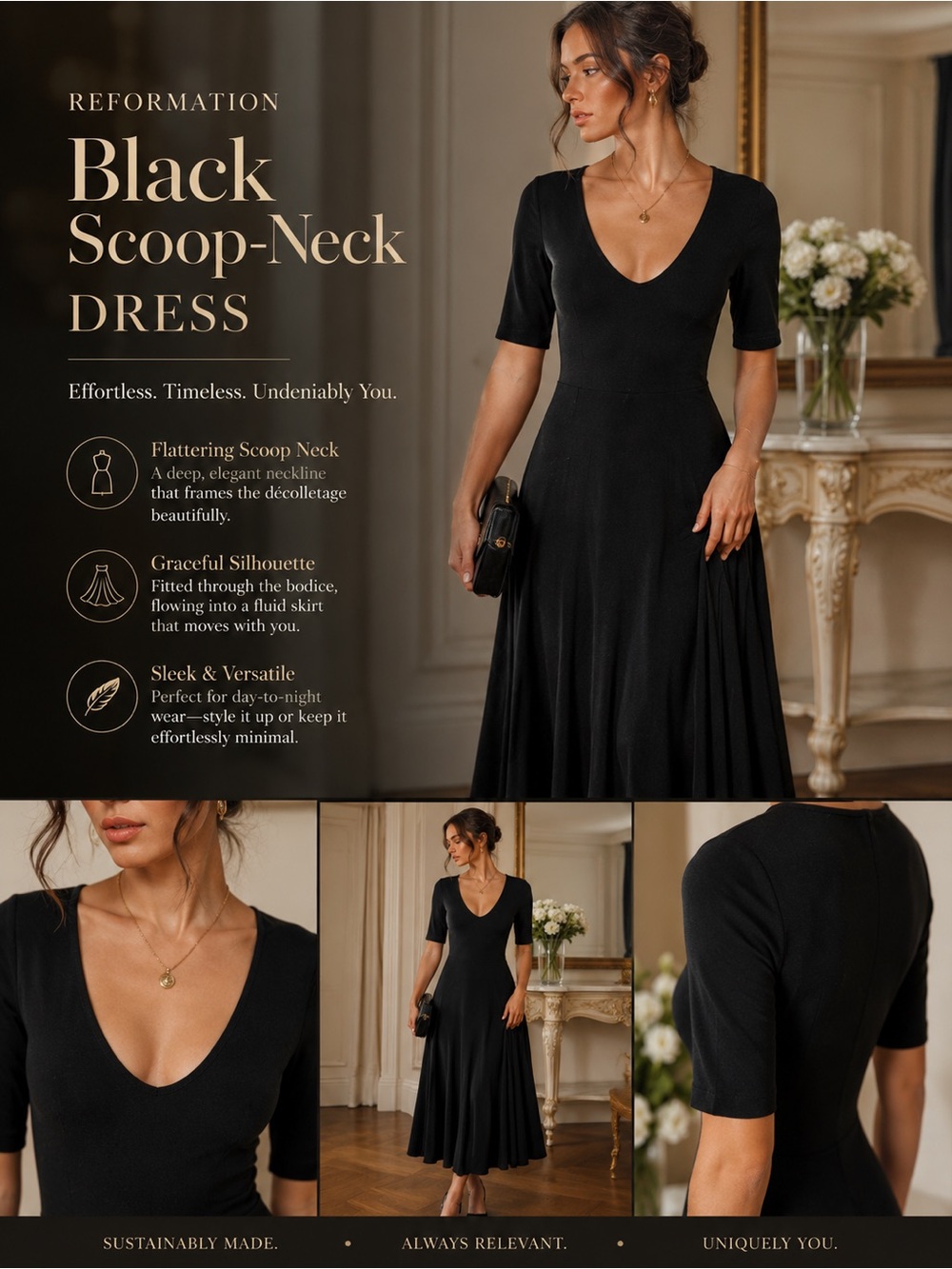 Reformation Black Scoop-Neck Midi Dress - Picture 3 of 17